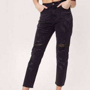 High waisted distressed denim jeans